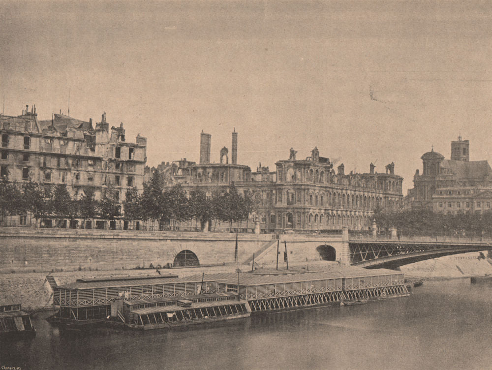 PARIS COMMUNE 1871. L'Hotel de Ville (vue prise du Pont d'Arcole.) c1873 print